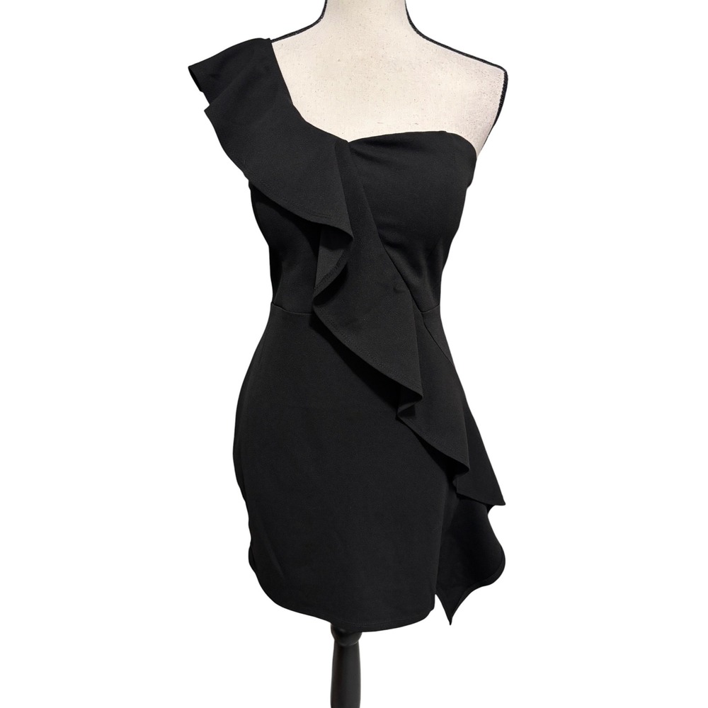 Shinestar Black One Shoulder Ruffle Bodycon Mini Cocktail Dress Large